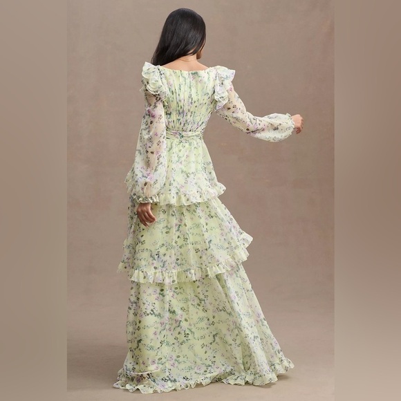 MAC DUGGAL Green Floral Chiffon Tiered Ruffle Dress 6 - Picture 5 of 16